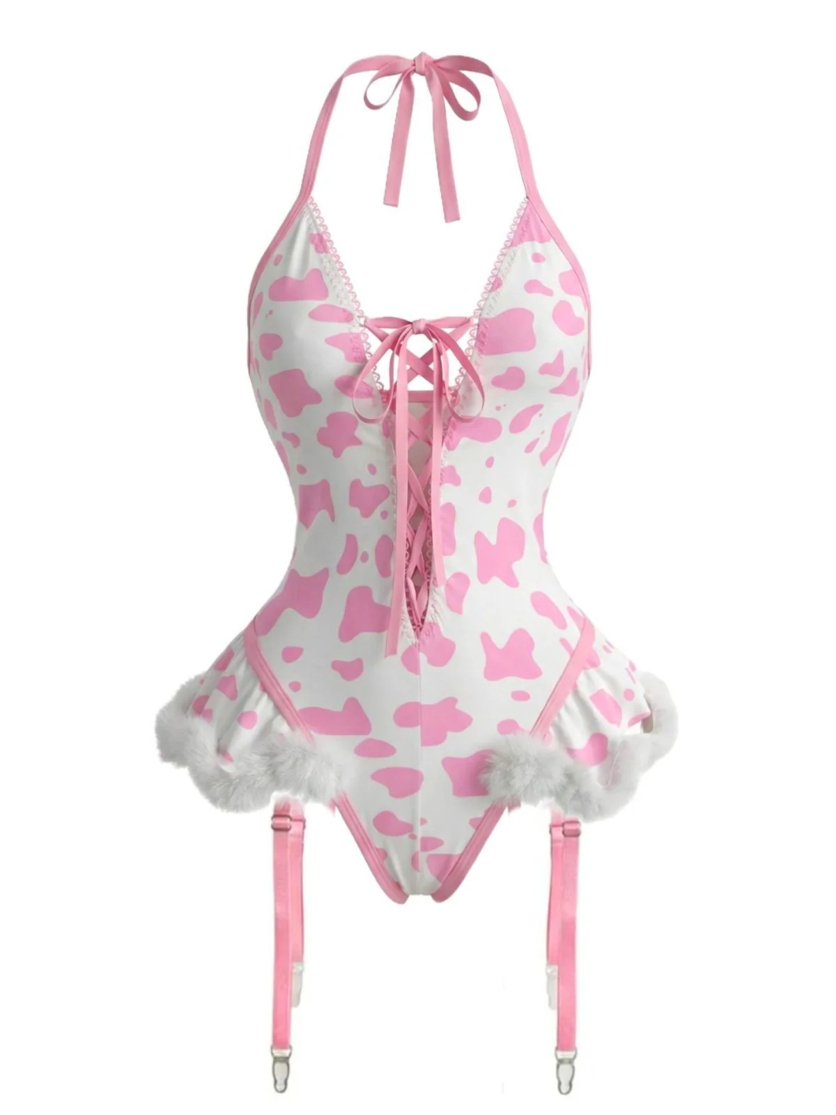 1960s Cow-Spotted Halter Lace-Up Plush Lingerie Set - Image 2