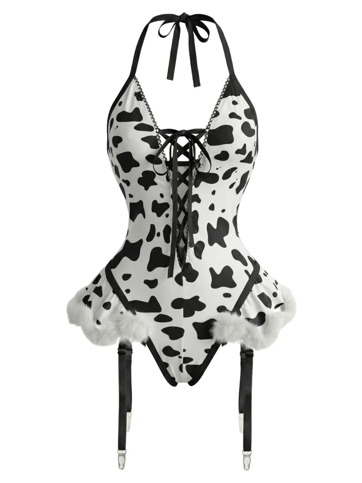 1960s Cow-Spotted Halter Lace-Up Plush Lingerie Set - Image 3
