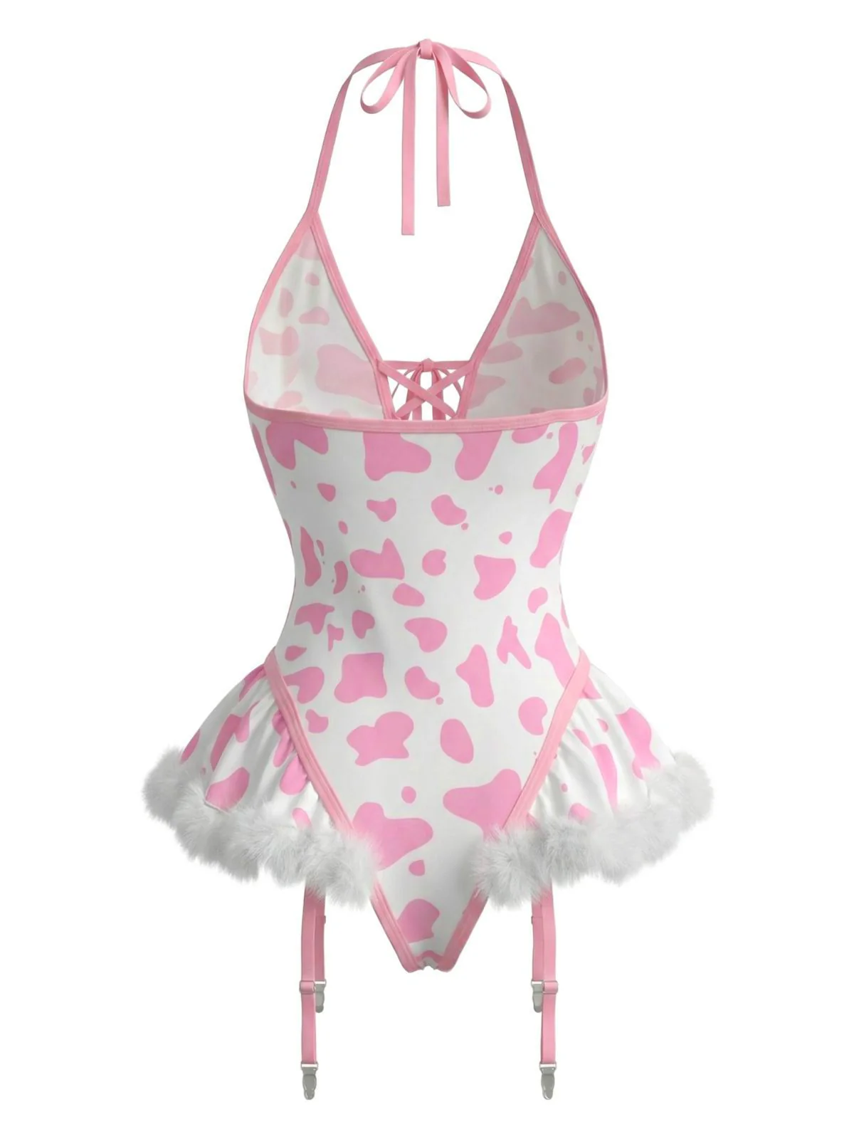 1960s Cow-Spotted Halter Lace-Up Plush Lingerie Set - Image 8