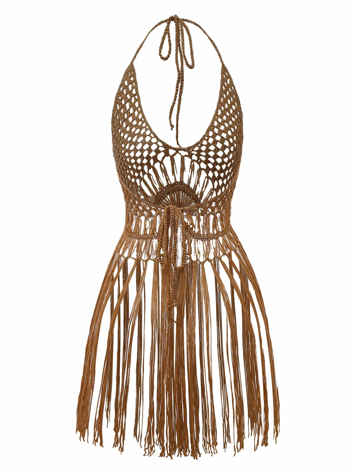 1960s Crochet Fringe Cutout Halter Bikini Cover-Up - Image 2