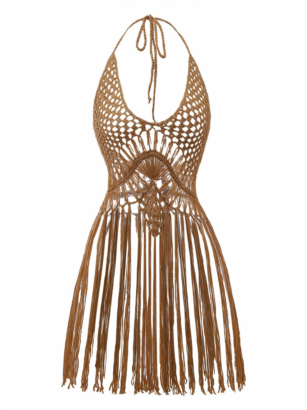 1960s Crochet Fringe Cutout Halter Bikini Cover-Up - Image 3