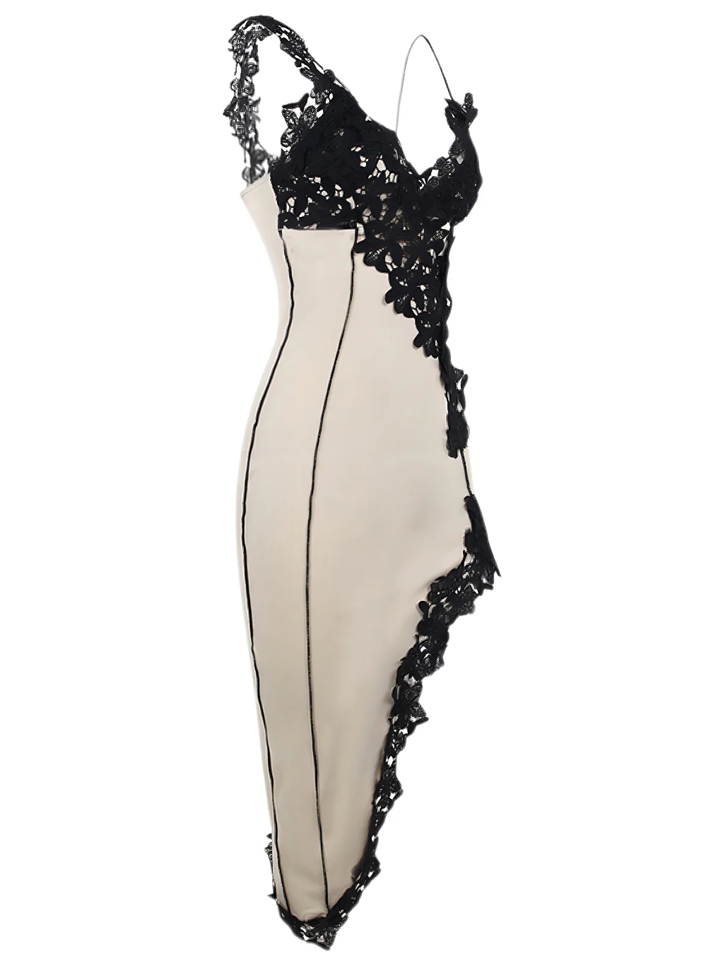 1960s Deep V-Neck Asymmetric Lace Bodycon Dress - Image 2