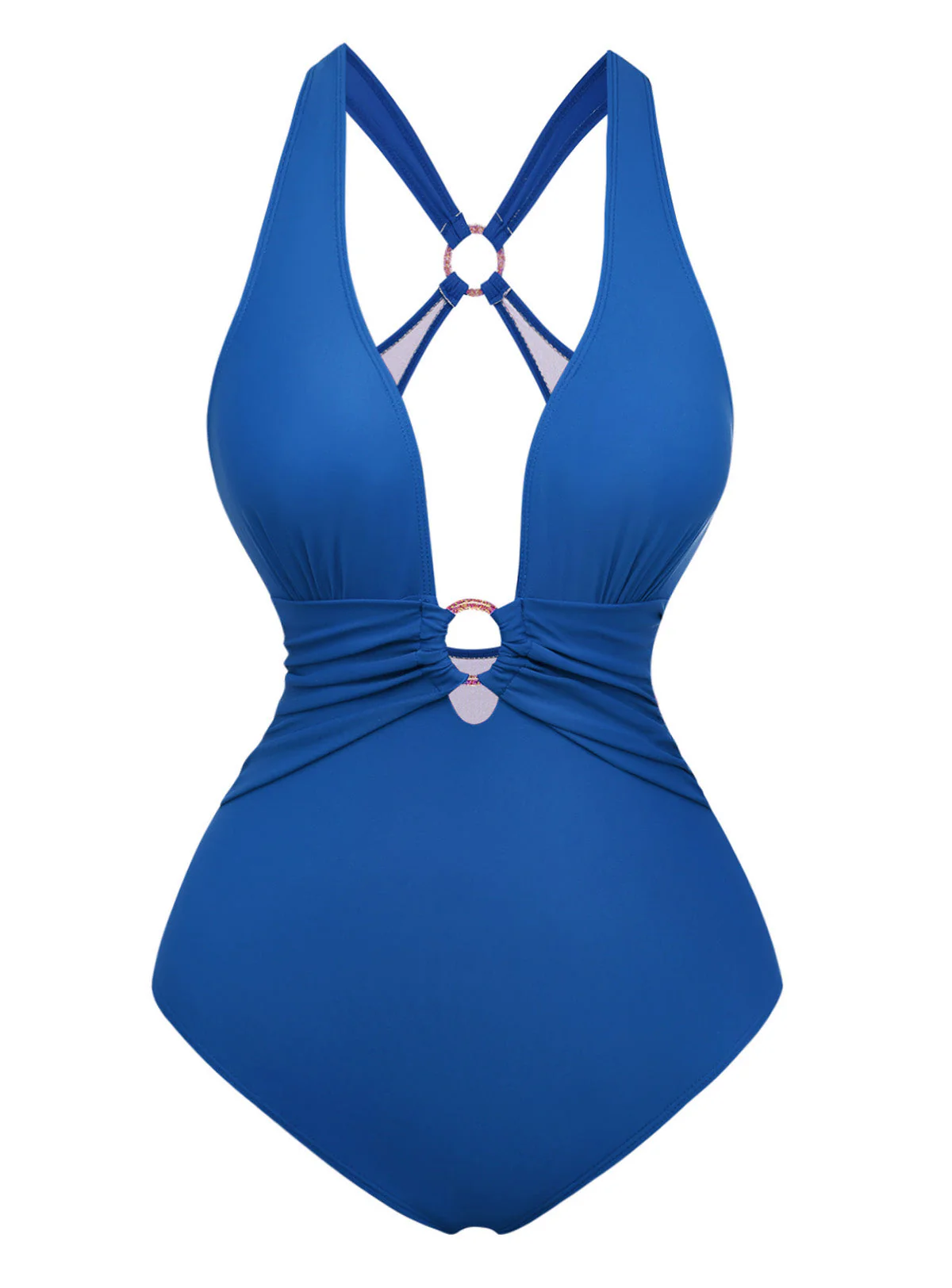 1960s Deep-V Ruched Metal Ring One-Piece Swimsuit - Image 10