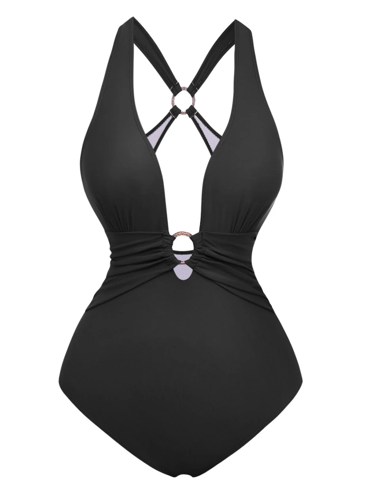 1960s Deep-V Ruched Metal Ring One-Piece Swimsuit - Image 12