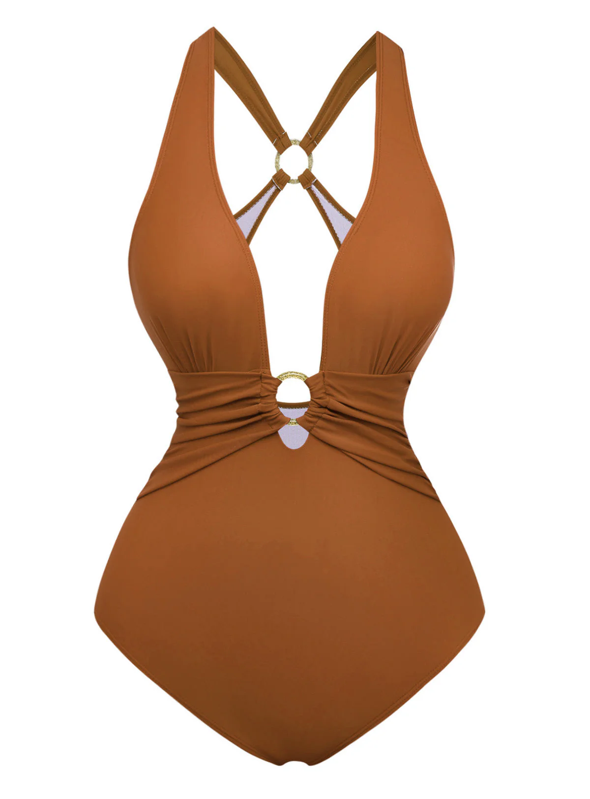 1960s Deep-V Ruched Metal Ring One-Piece Swimsuit - Image 14