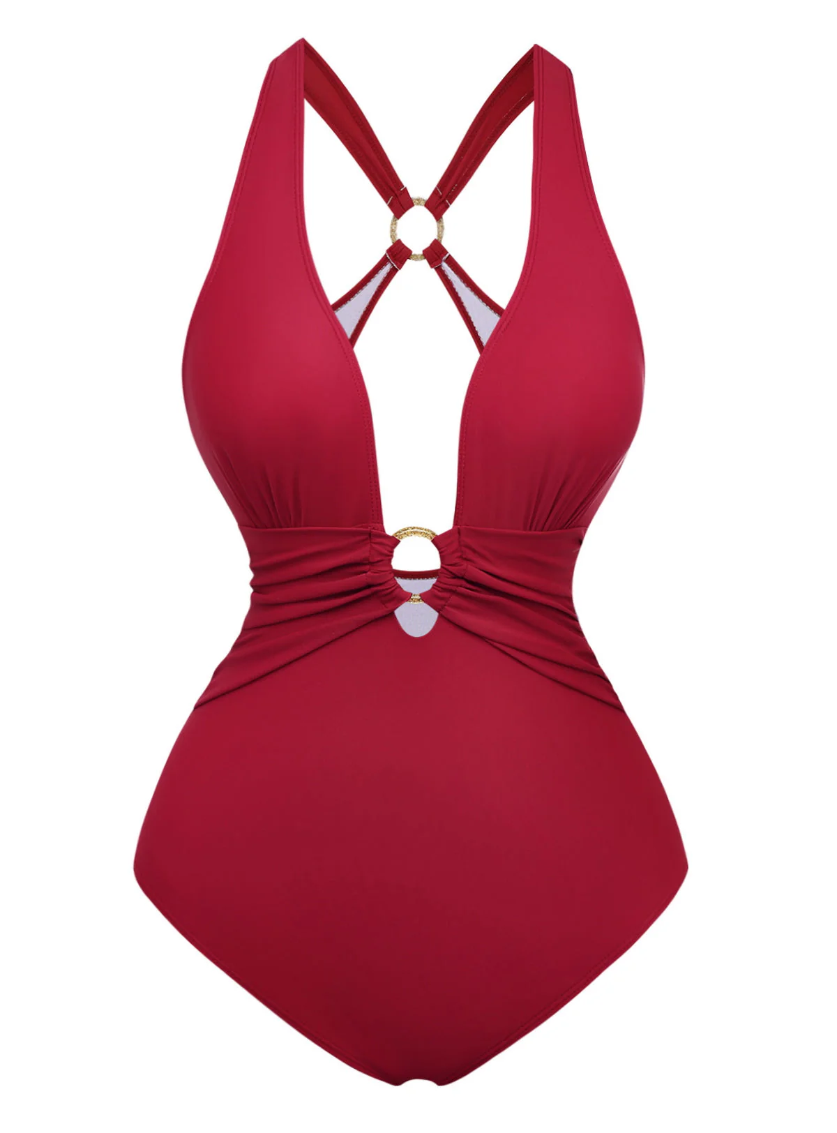 1960s Deep-V Ruched Metal Ring One-Piece Swimsuit - Image 2