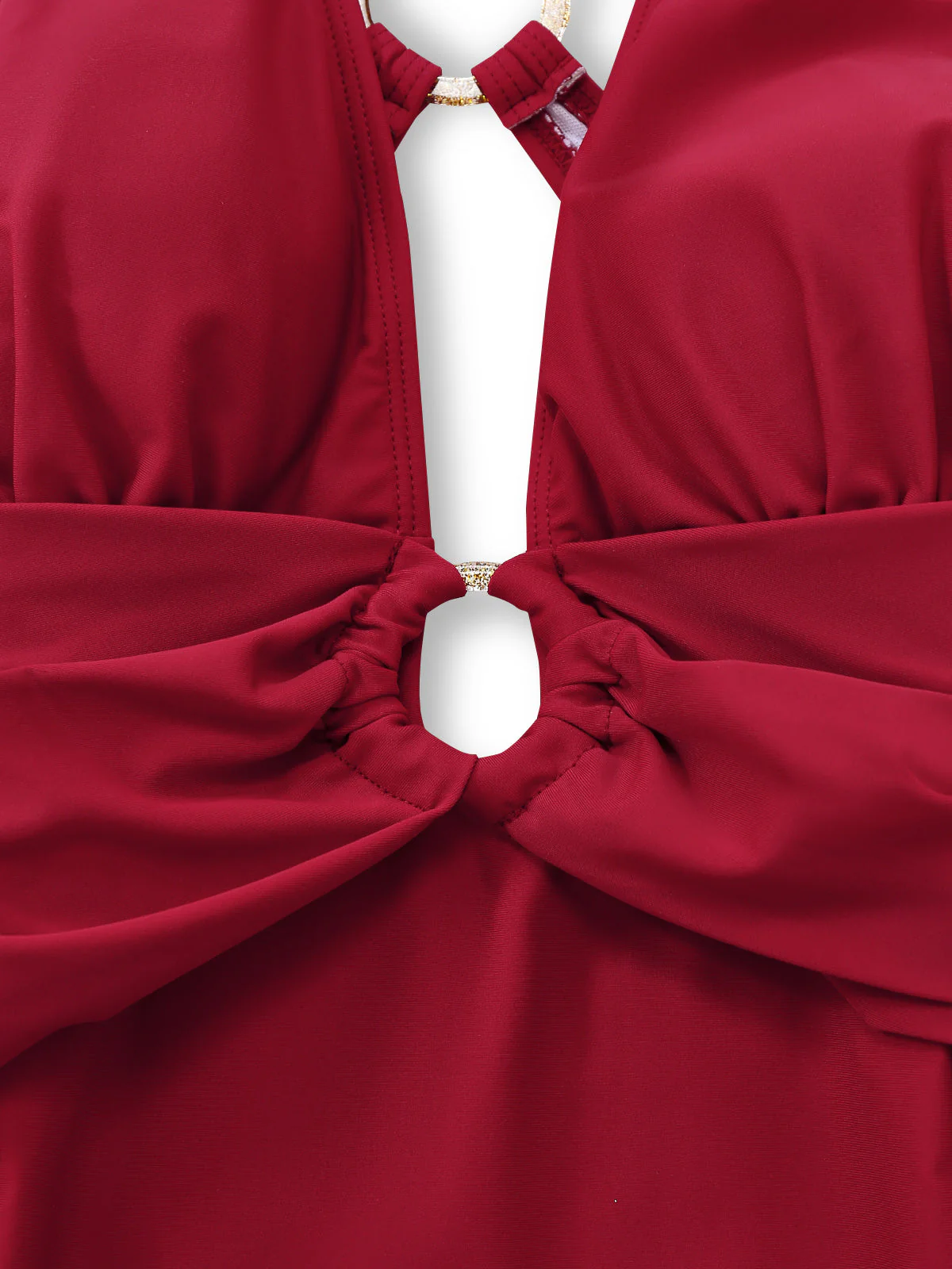1960s Deep-V Ruched Metal Ring One-Piece Swimsuit - Image 5