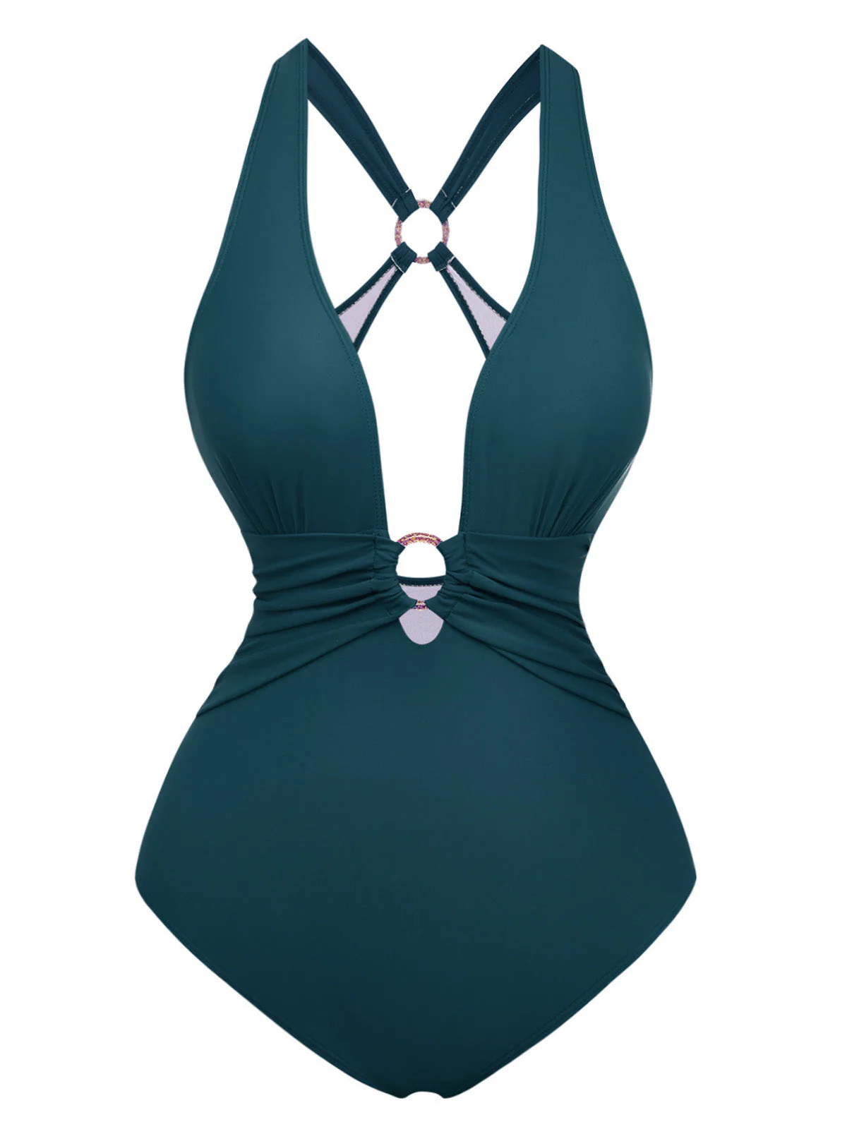 1960s Deep-V Ruched Metal Ring One-Piece Swimsuit - Image 8