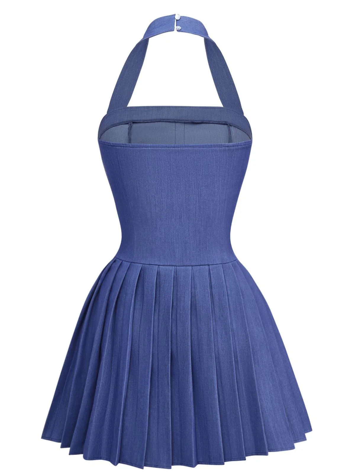 1960s Denim Halter Pleated Button Mini Dress - Image 2
