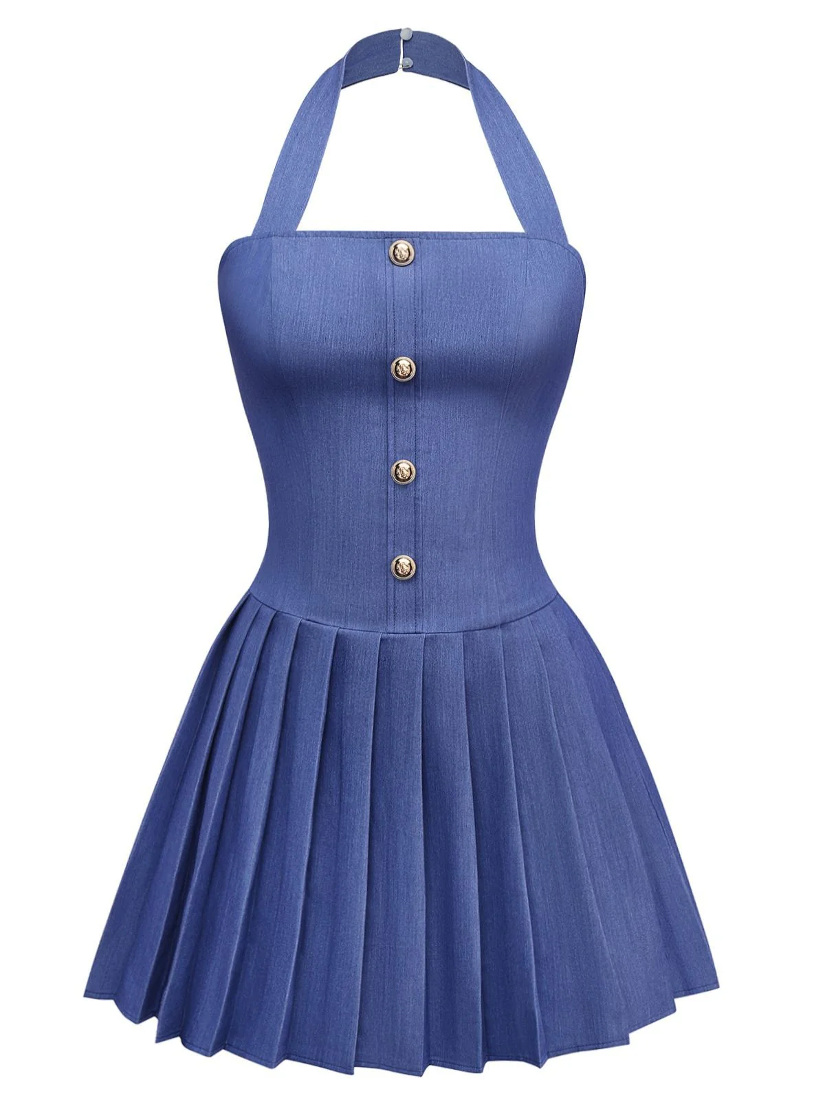 1960s Denim Halter Pleated Button Mini Dress - Image 9