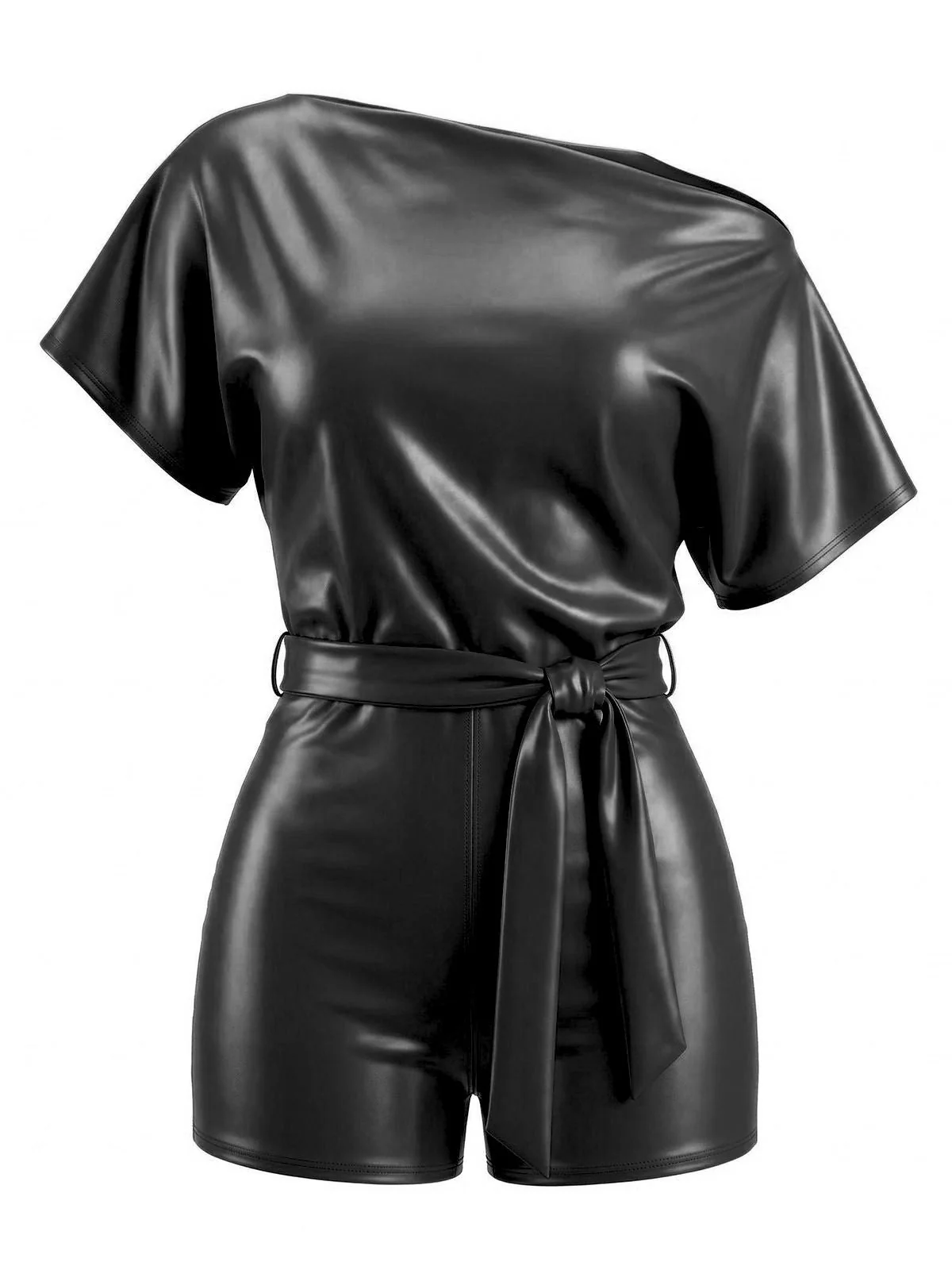 1960s Faux Leather One-Shoulder Belted Romper - Image 4