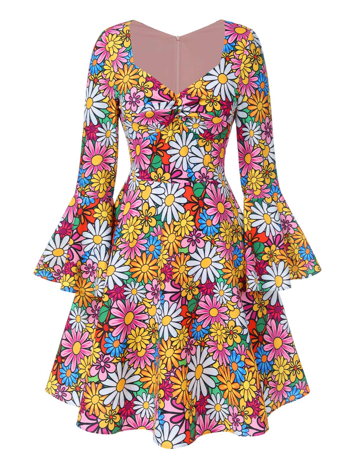 1960s Flare Sleeve Colorful Daisy Dress - Image 3