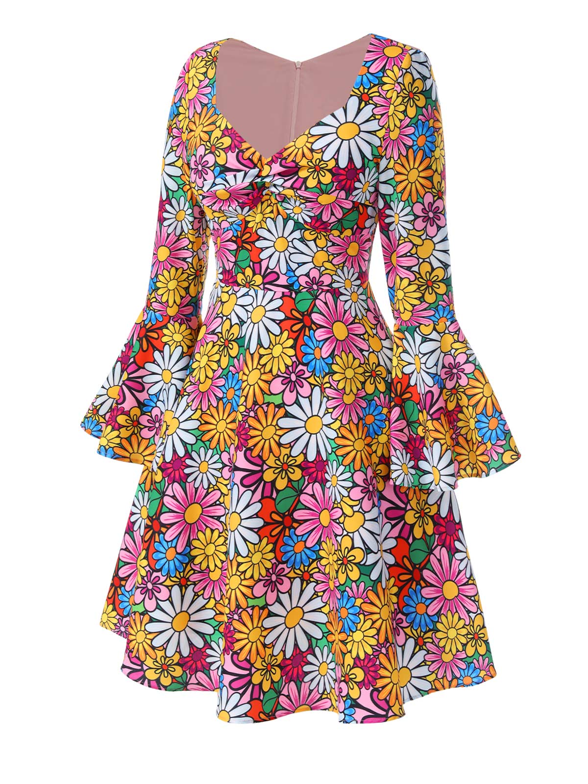 1960s Flare Sleeve Colorful Daisy Dress - Image 4