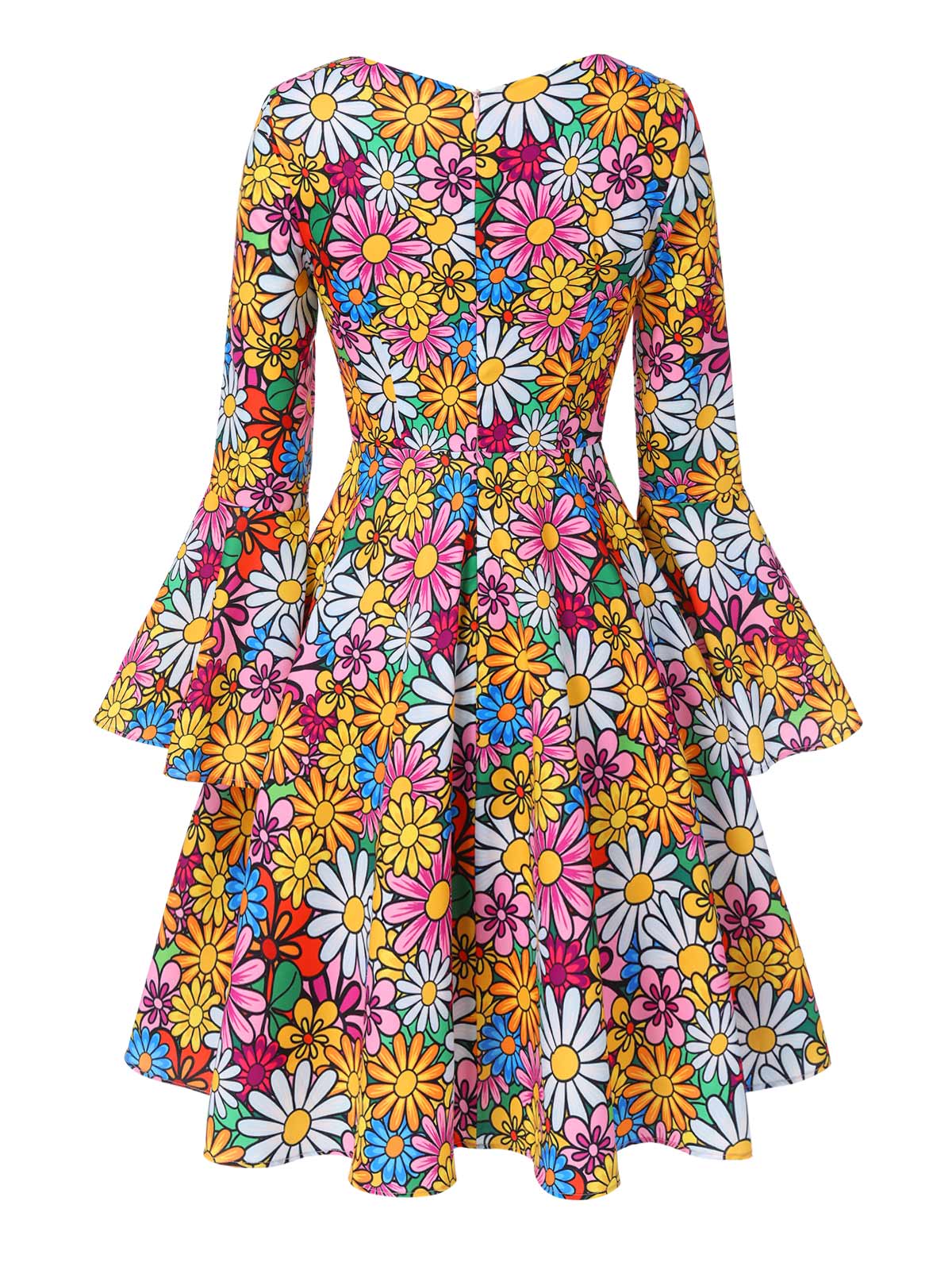 1960s Flare Sleeve Colorful Daisy Dress - Image 5