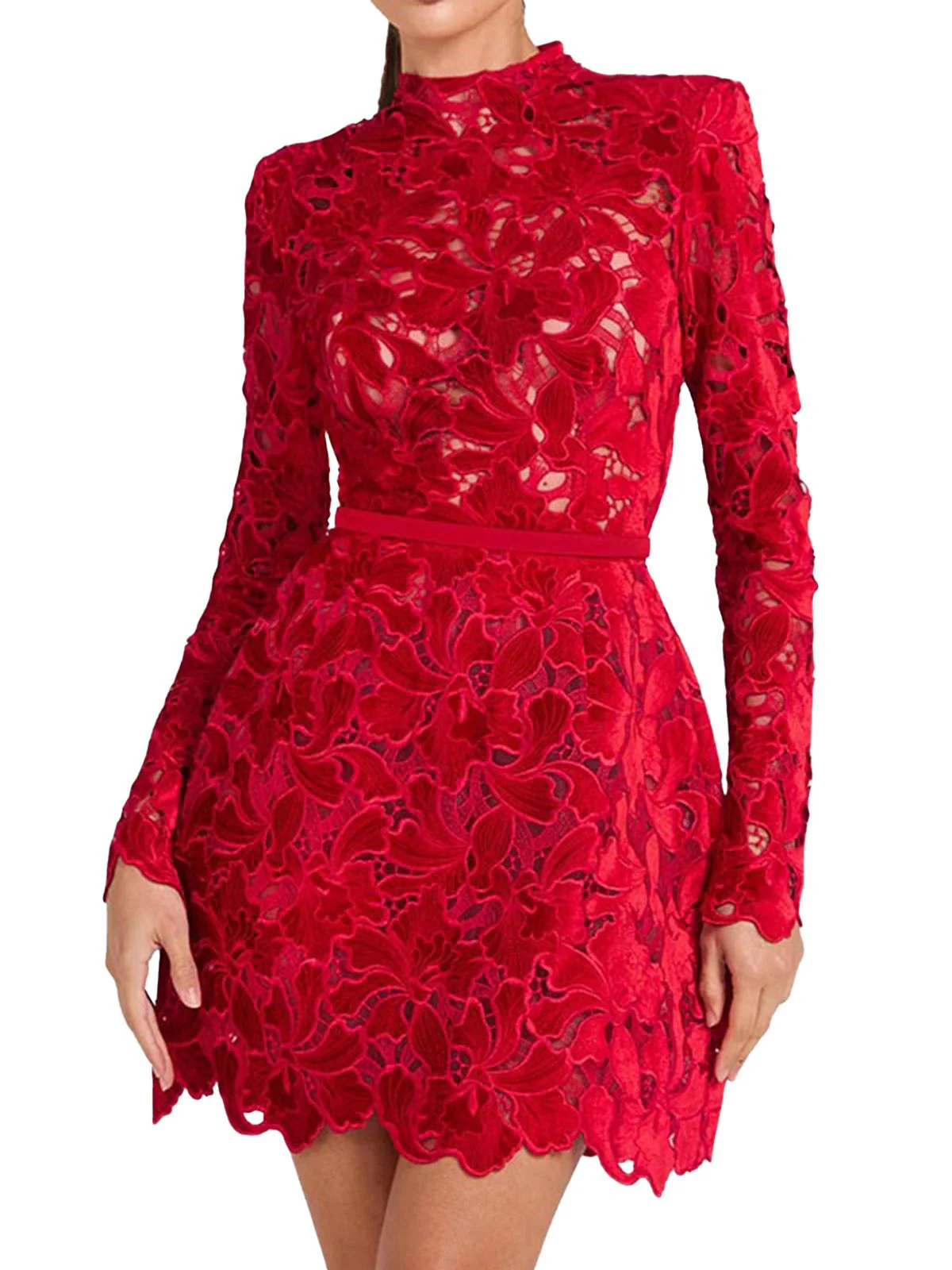 1960s Flocked Floral Lace Half Turtleneck Dress - Image 2