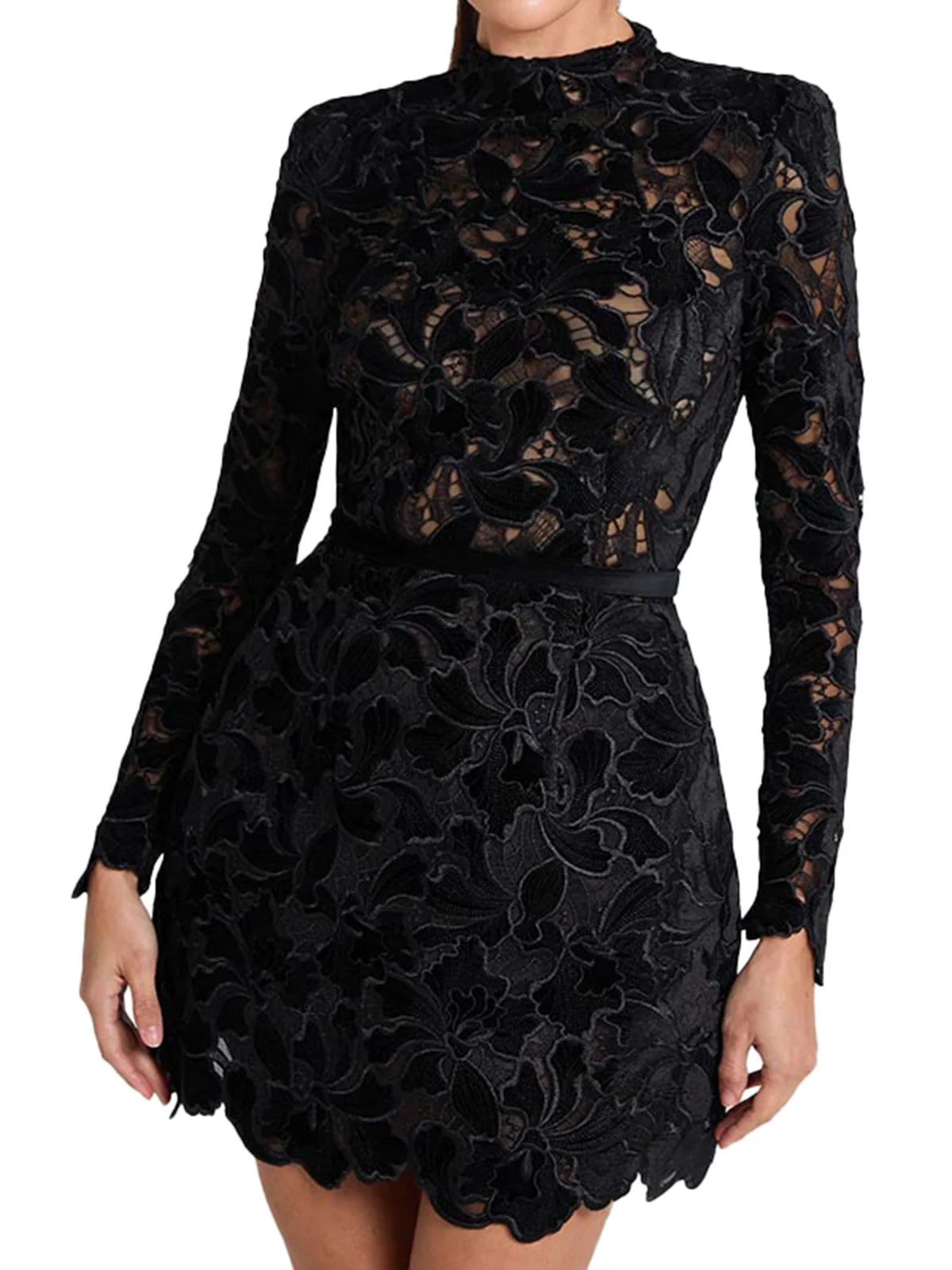 1960s Flocked Floral Lace Half Turtleneck Dress - Image 4