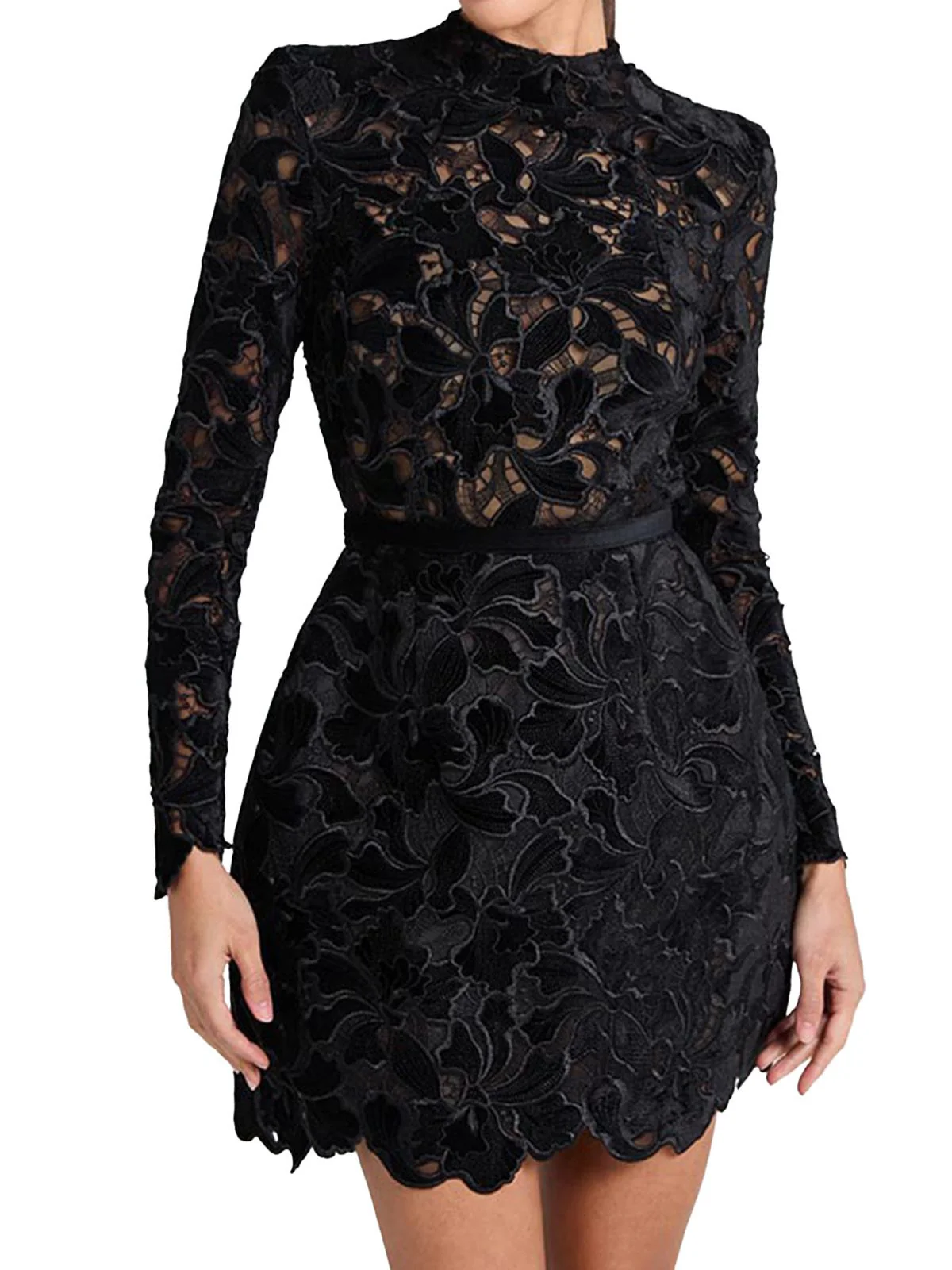 1960s Flocked Floral Lace Half Turtleneck Dress - Image 5