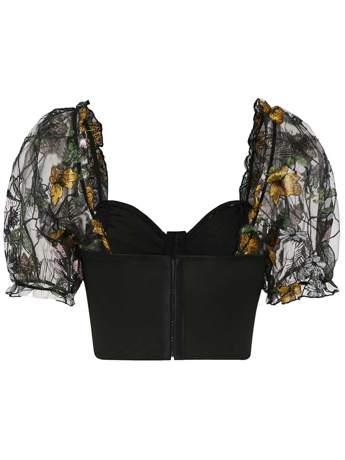 1960s Floral Embroidered Mesh Puff-Sleeve Crop Top - Image 2
