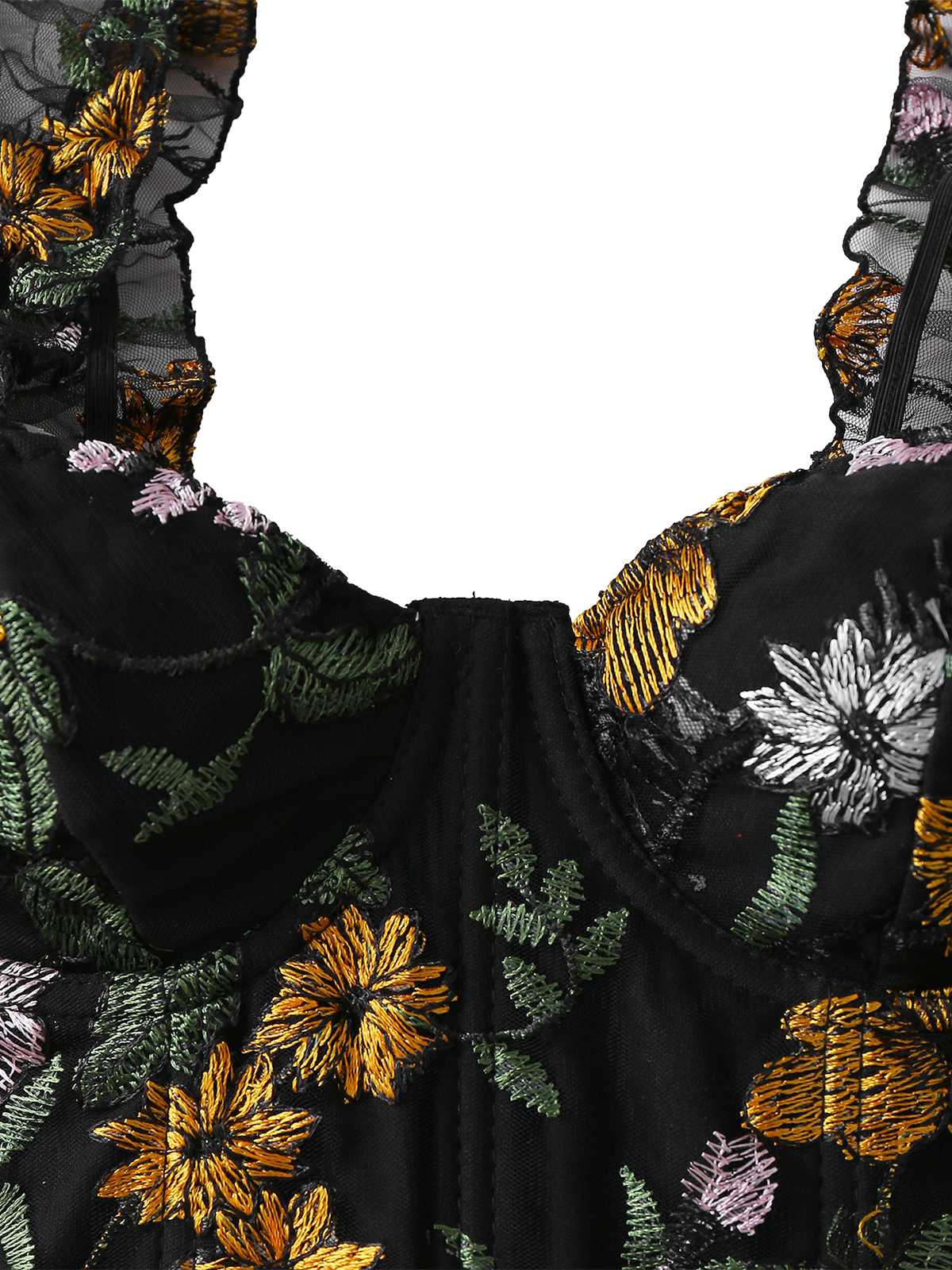1960s Floral Embroidered Mesh Puff-Sleeve Crop Top - Image 3