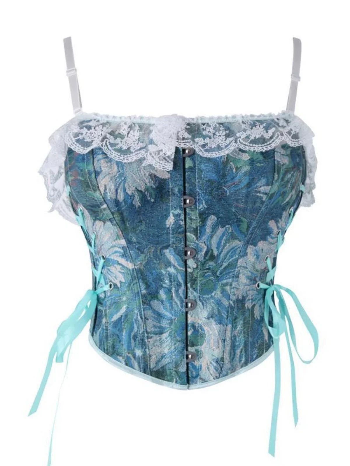 1960s Floral Lace Spaghetti Straps Corset Top - Image 7