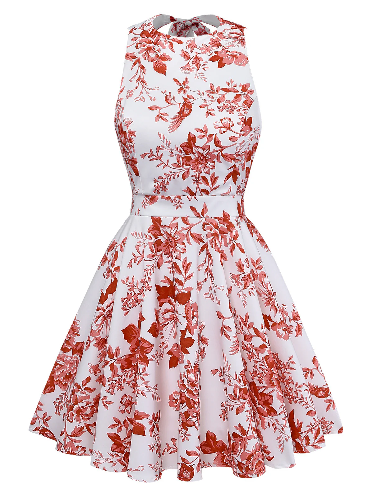 1960s Floral Print Halter Sleeveless Backless Swing Dress - Image 2