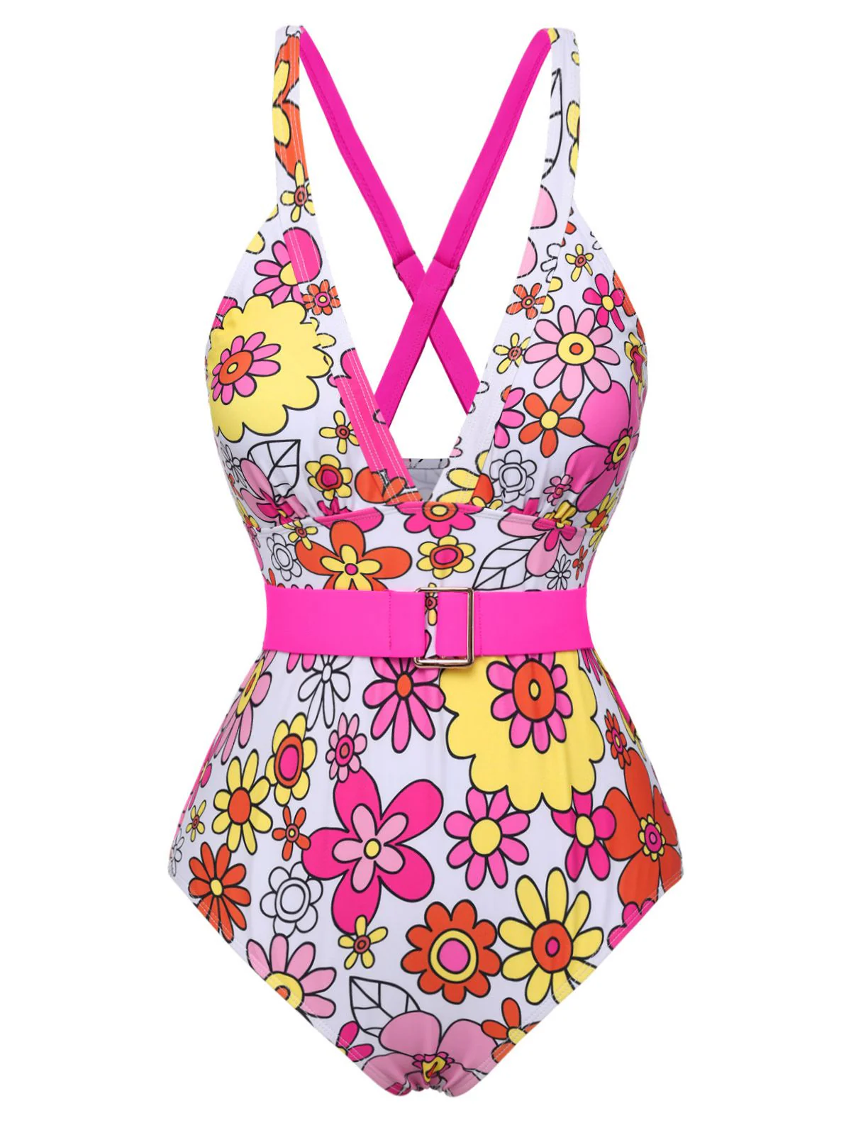 1960s Flowers Back-Cross Strap Belt Swimsuit - Image 2