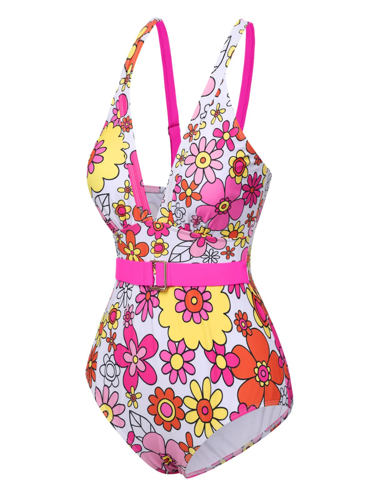 1960s Flowers Back-Cross Strap Belt Swimsuit - Image 3