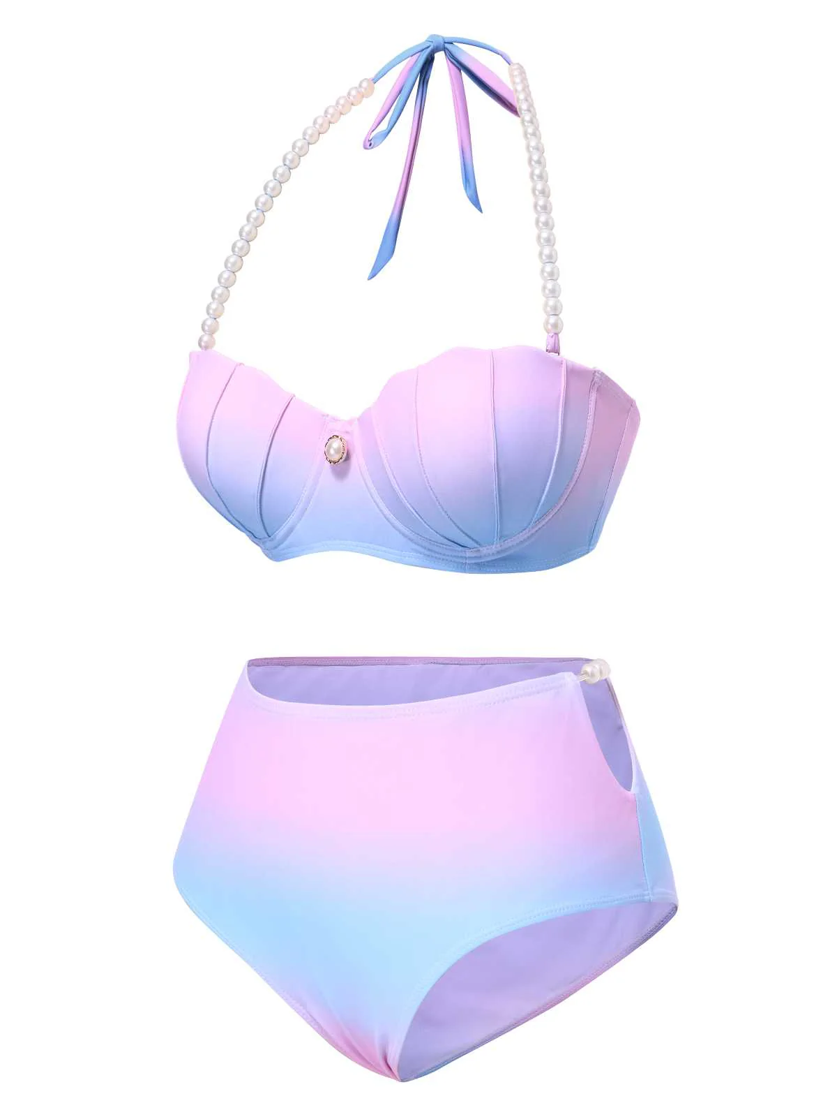 1960s Gradient Mermaid Seashell Pearl Swimsuit - Image 3