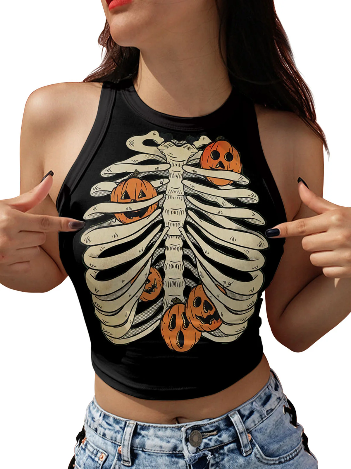 1960s Halloween Skull Pumpkin Crop Sleeveless Top - Image 3