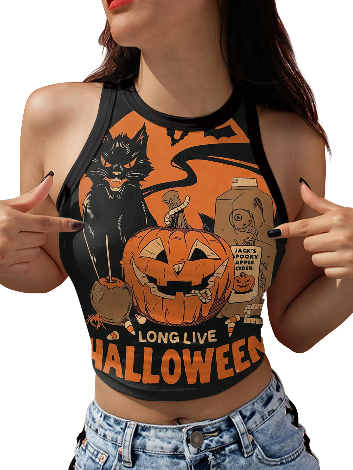 1960s Halloween Skull Pumpkin Crop Sleeveless Top - Image 5