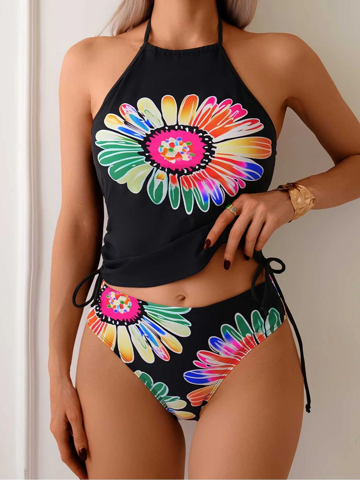 1960s Halter Neon Daisy Lace-Up Tankini Set - Image 4