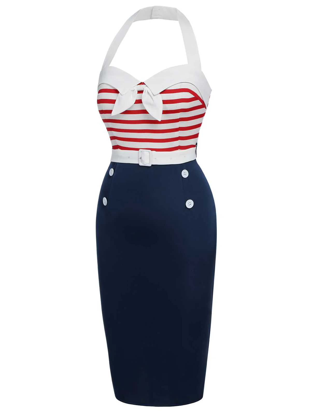 1960s Halter Stripes Bow Belted Dress - Image 3