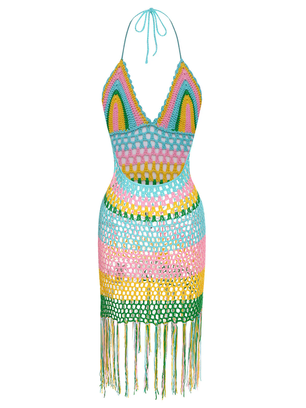 1960s Handmade Crochet Tassel Halter Cover-Up - Image 3