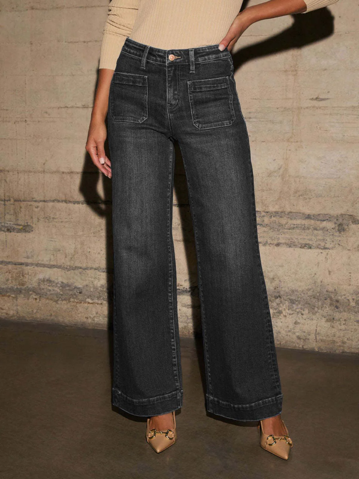 1960s High Waist Wide-Leg Patch Pocket Jeans - Image 4