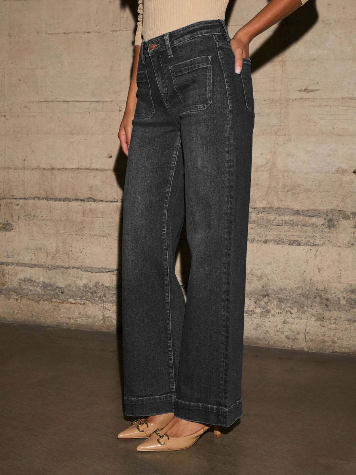 1960s High Waist Wide-Leg Patch Pocket Jeans - Image 5