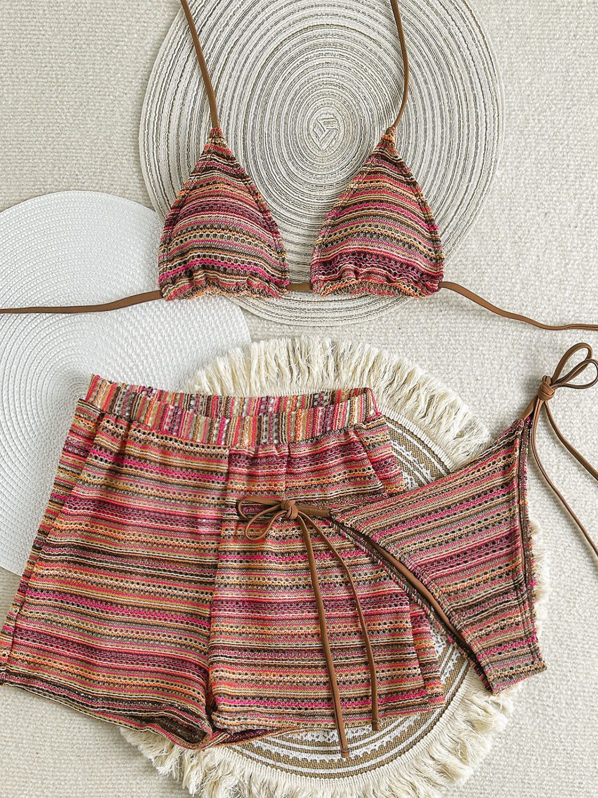 1960s Knitted Striped Halter Triangle Bikini Set - Image 2