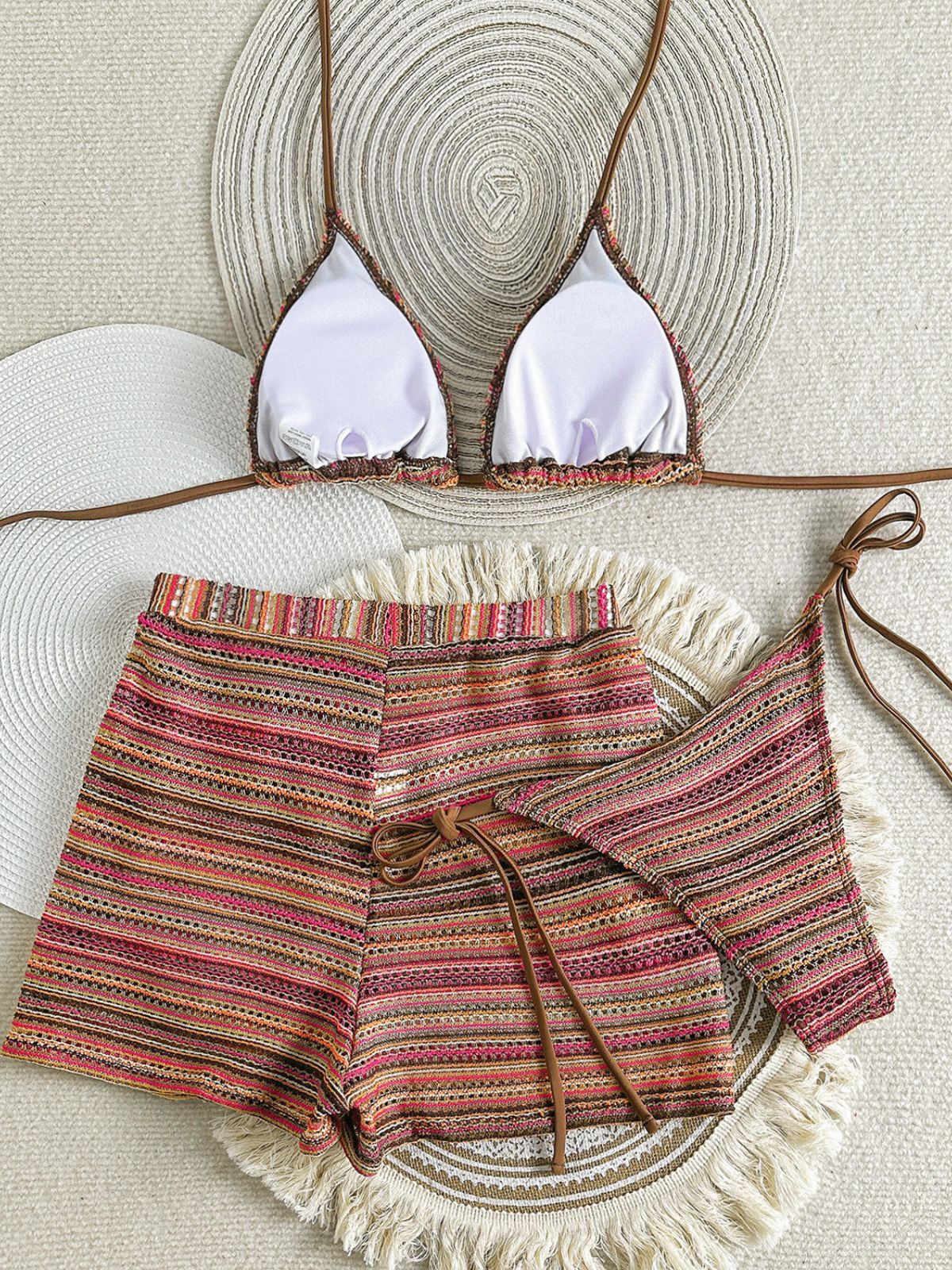 1960s Knitted Striped Halter Triangle Bikini Set - Image 3