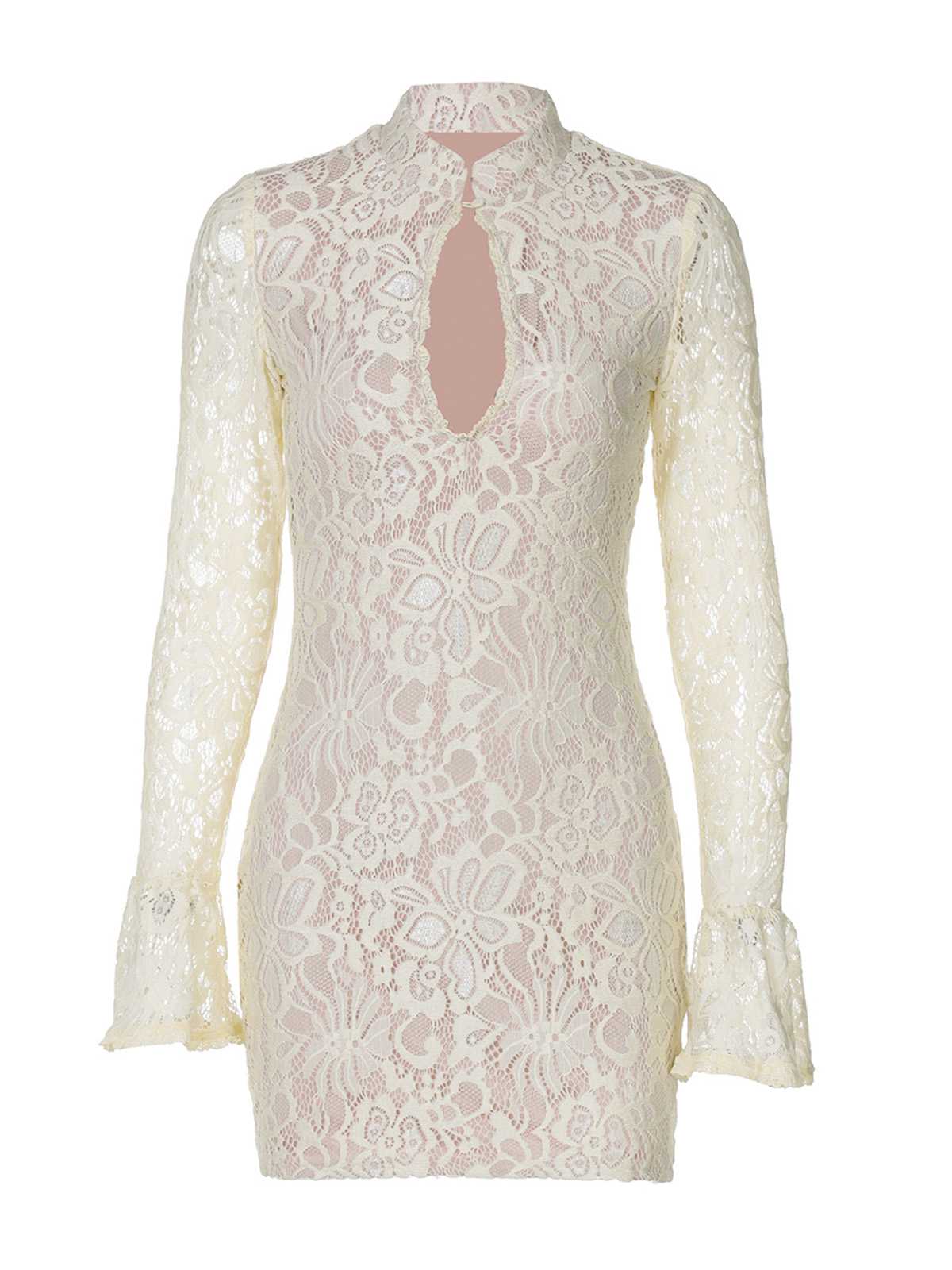 1960s Lace Cutout Bell Sleeves Bodycon Dress - Image 5