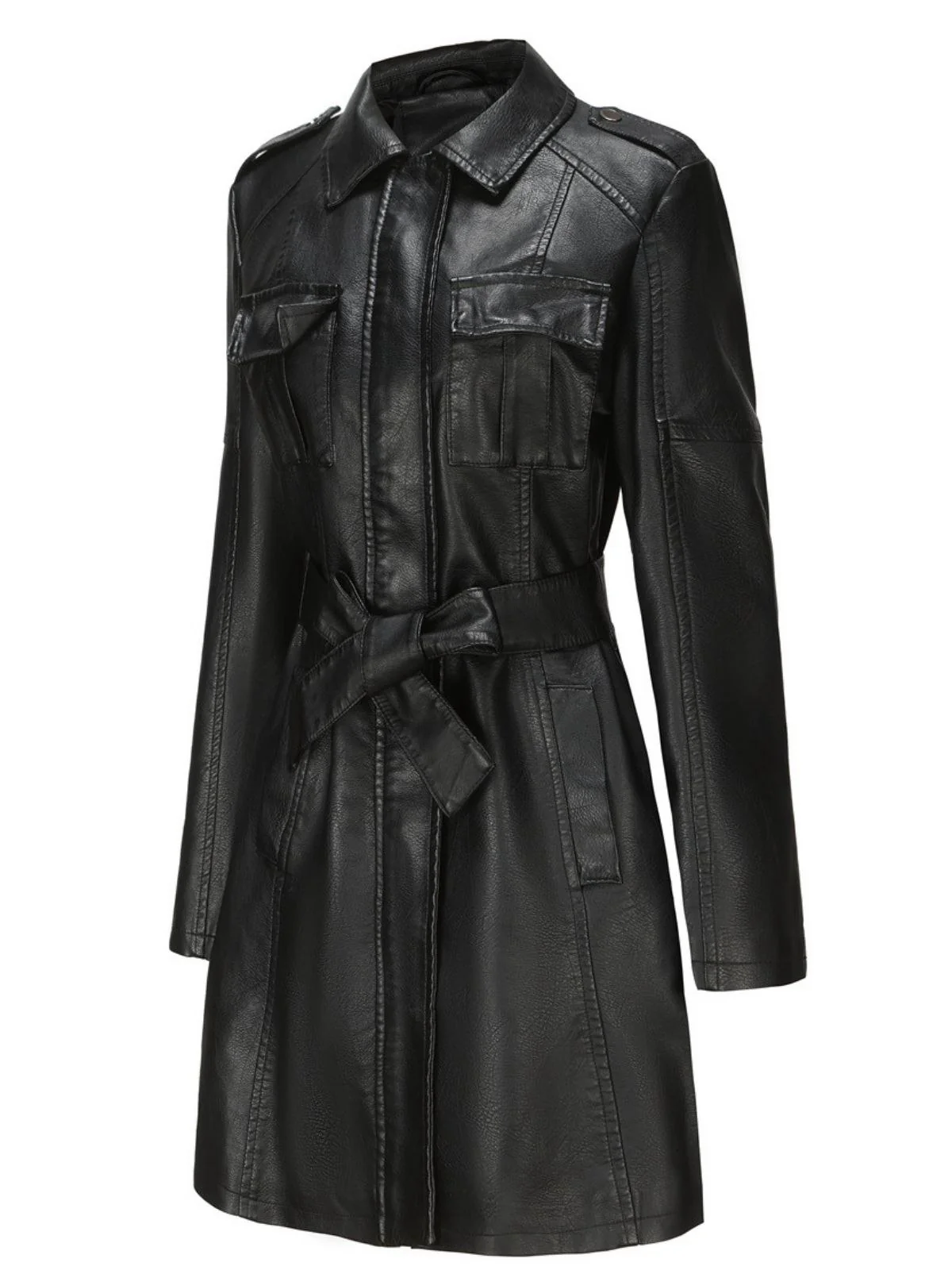1960s Lapel Belted Long Leather Jacket - Image 2