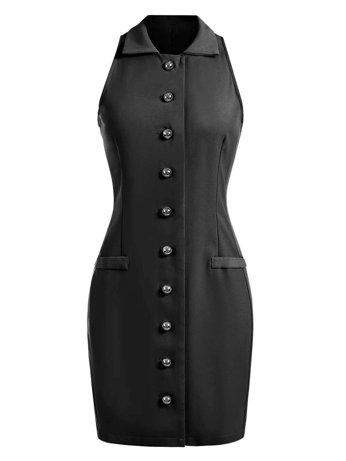 1960s Solid Button Pocket Lapel Pencil Dress - Image 2