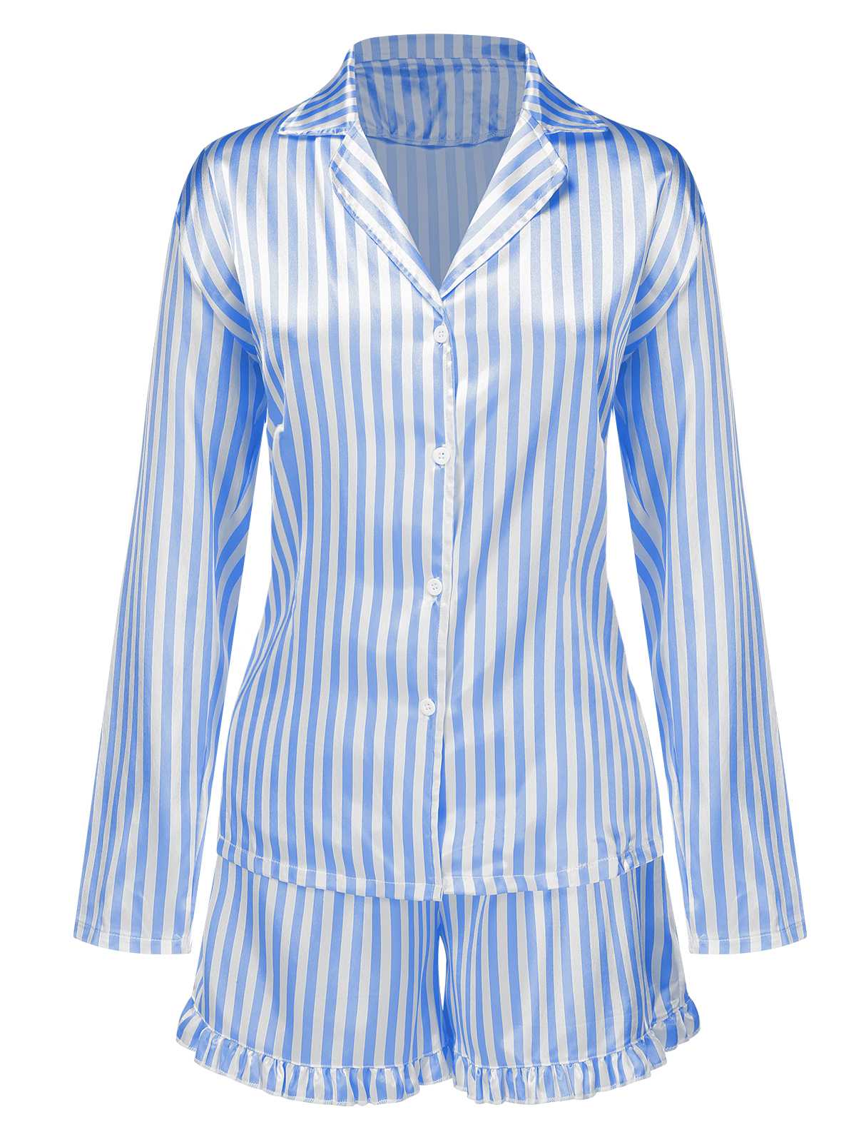 1960s Lapel Stripes Satin Pajamas Set - Image 14