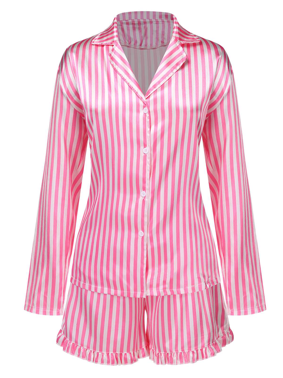 1960s Lapel Stripes Satin Pajamas Set - Image 2
