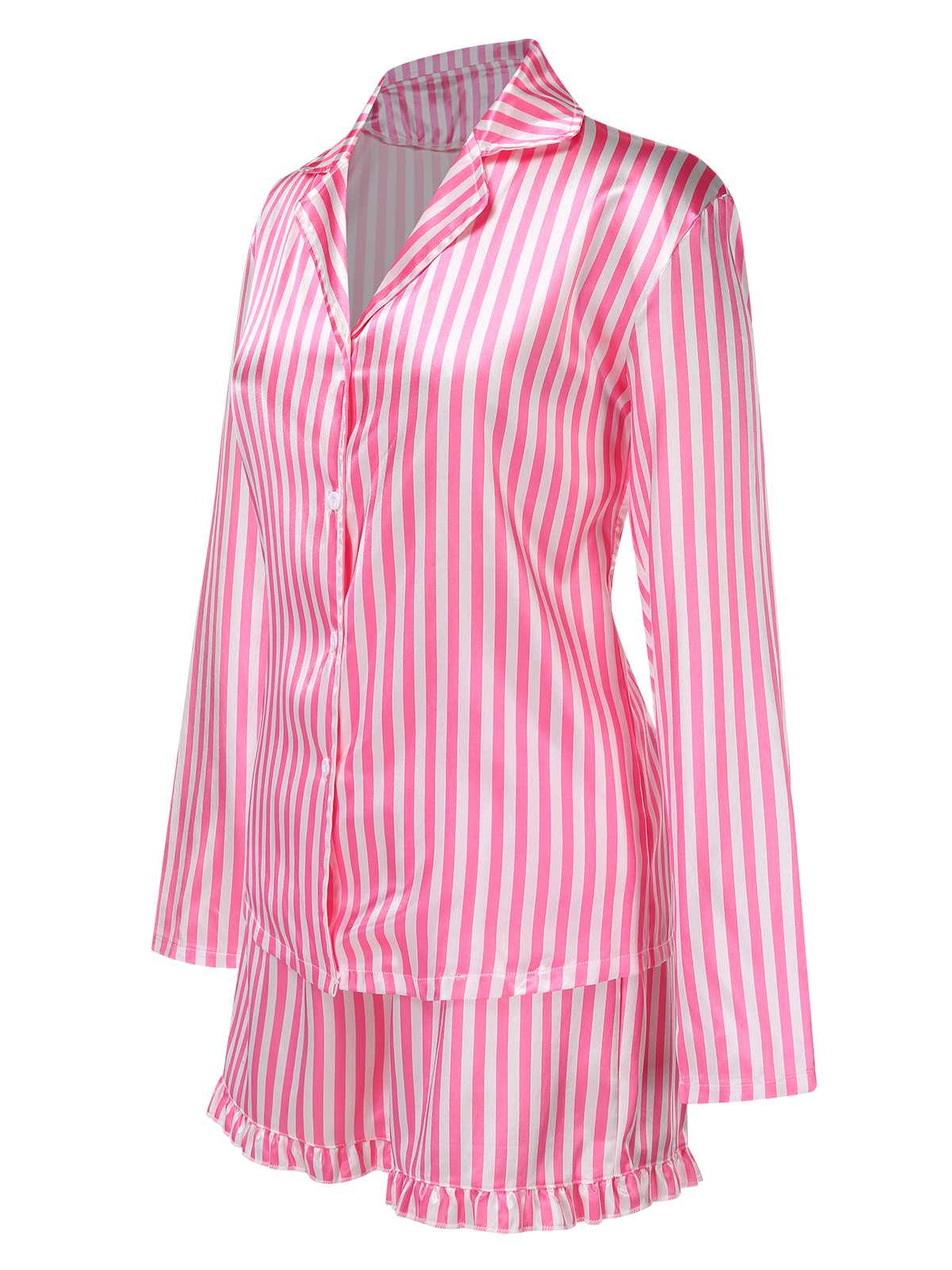 1960s Lapel Stripes Satin Pajamas Set - Image 4