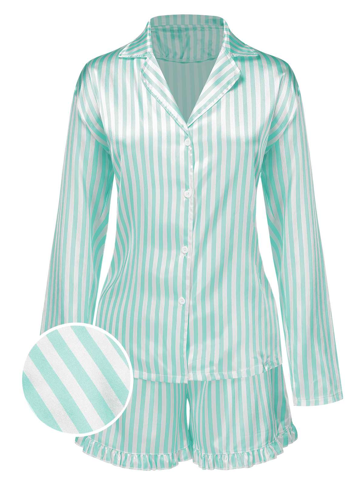 1960s Lapel Stripes Satin Pajamas Set - Image 7