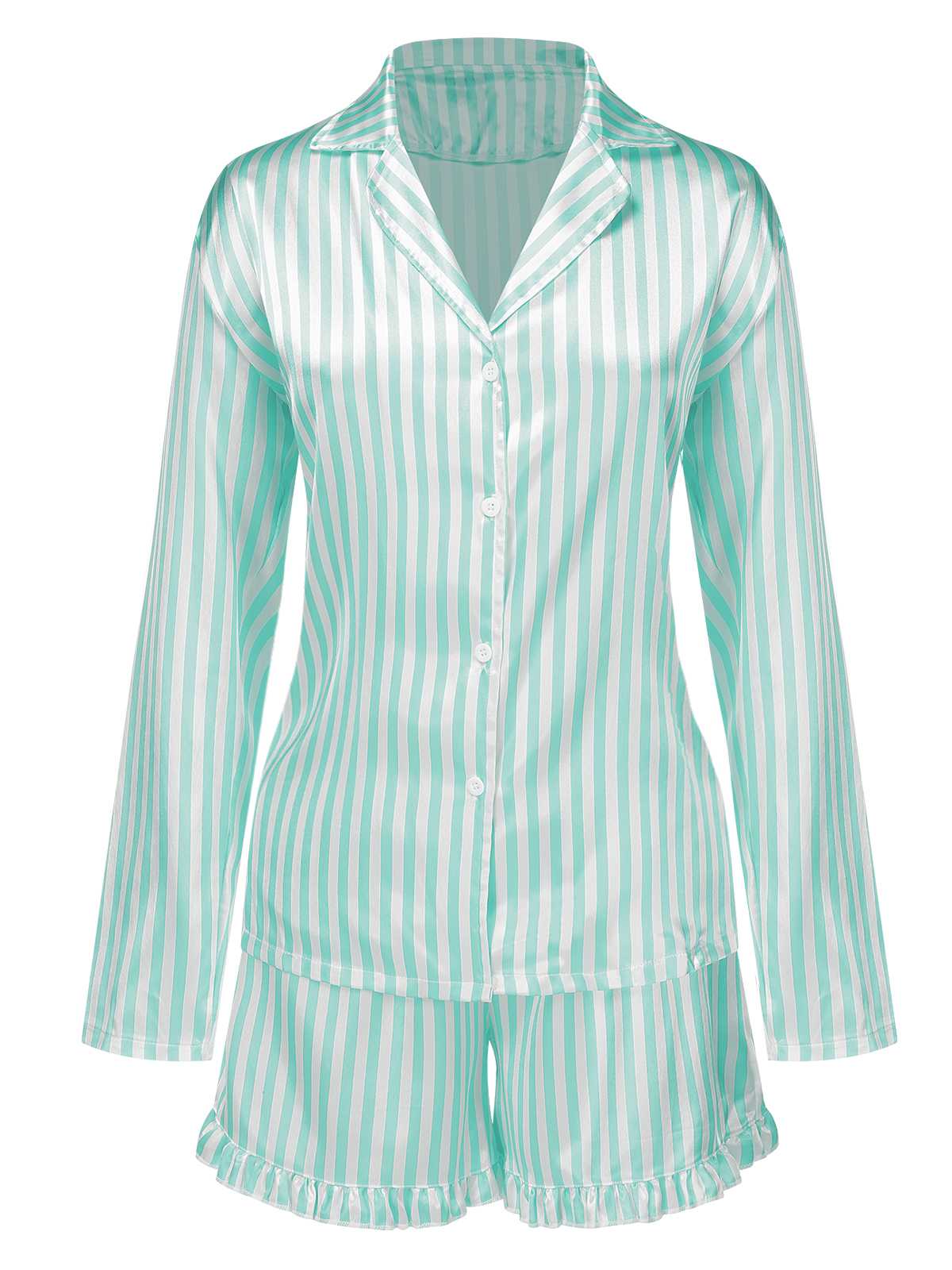 1960s Lapel Stripes Satin Pajamas Set - Image 8