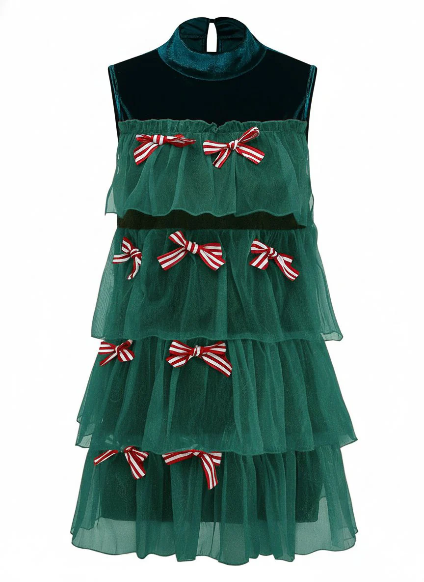 1960s Mesh Bow Christmas Tree Dress - Image 8