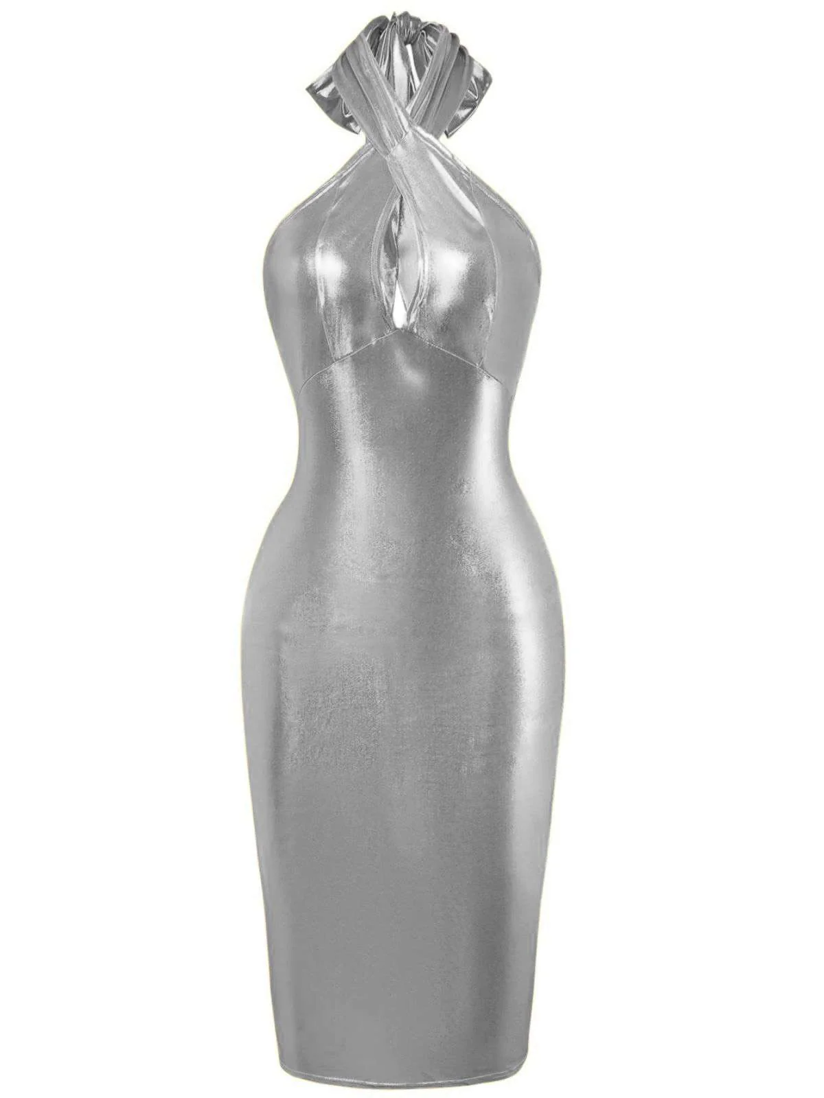 1960s Metallic Halter Keyhole Bodycon Dress - Image 6