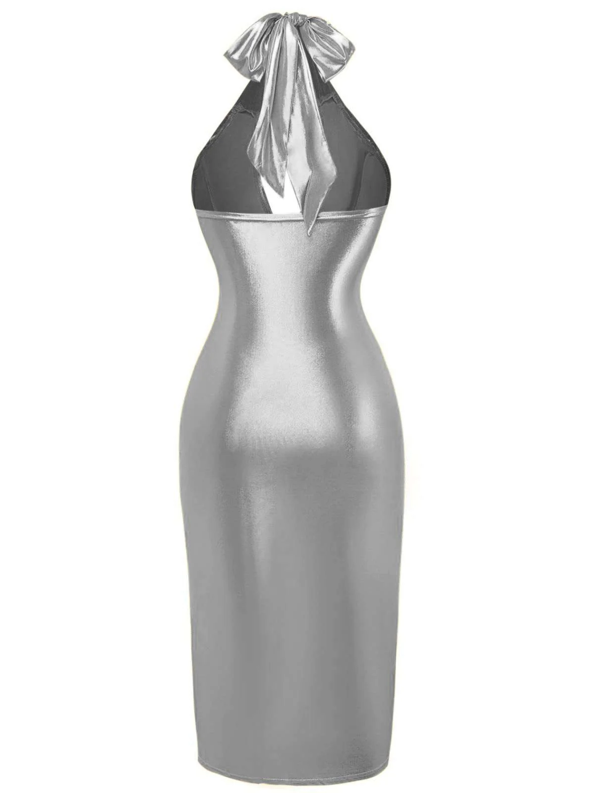 1960s Metallic Halter Keyhole Bodycon Dress - Image 7