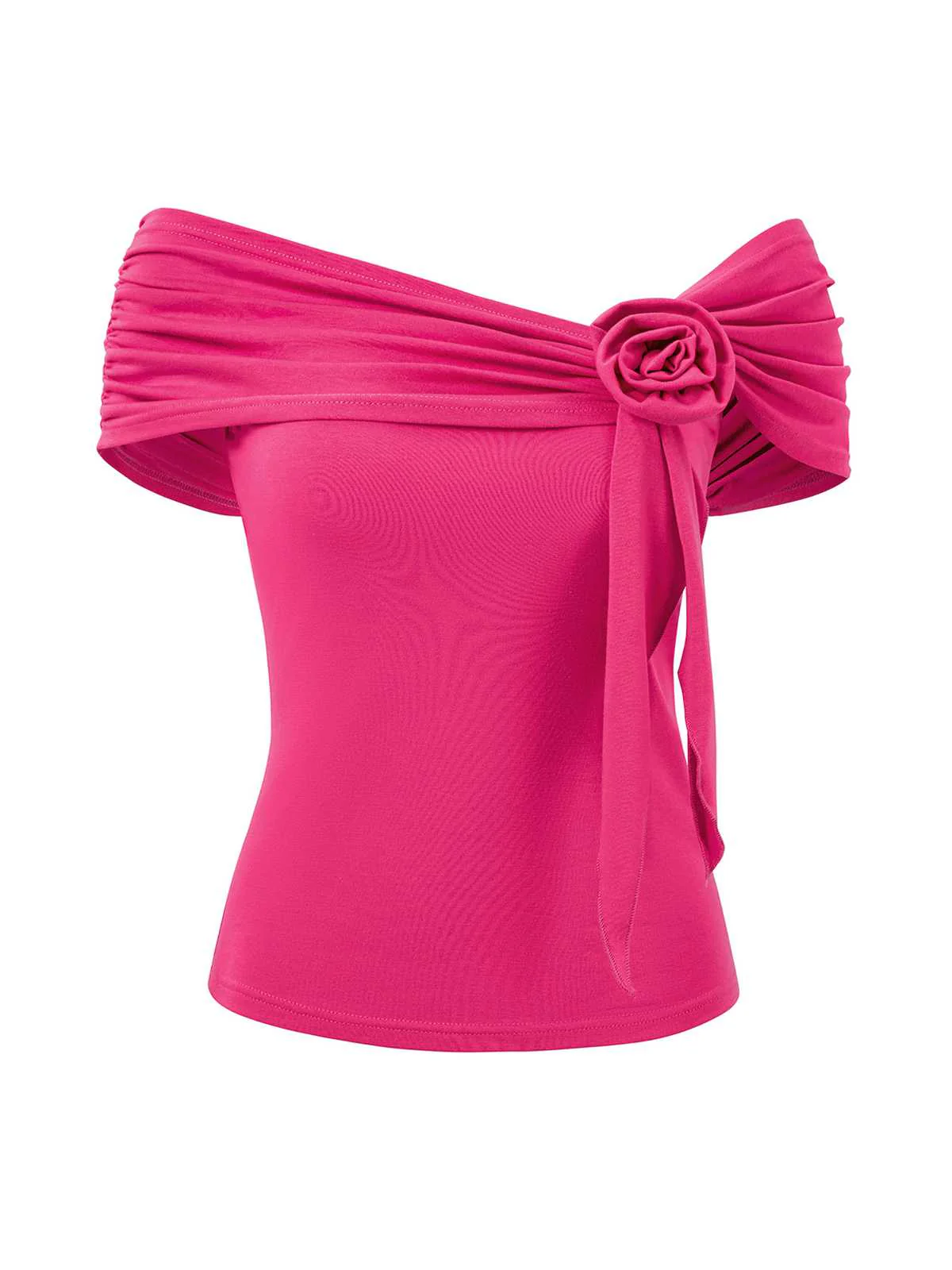 1960s Off-Shoulder 3D Rose Solid Top - Image 5