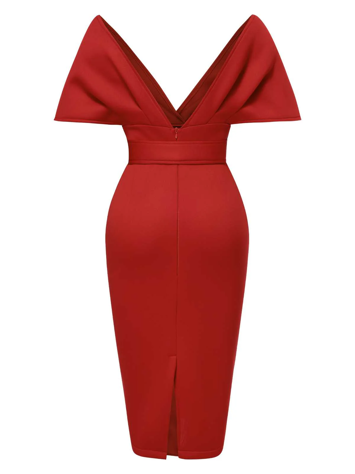1960s Off-Shoulder Belted Solid Bodycon Dress - Image 2